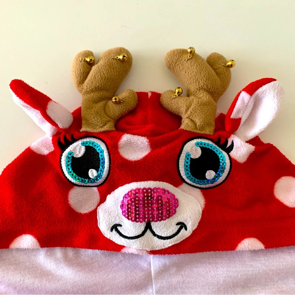 JUSTICE Girls Polka Dot Red Holiday Reindeer Hooded Zipper Bodysuit Footed P…